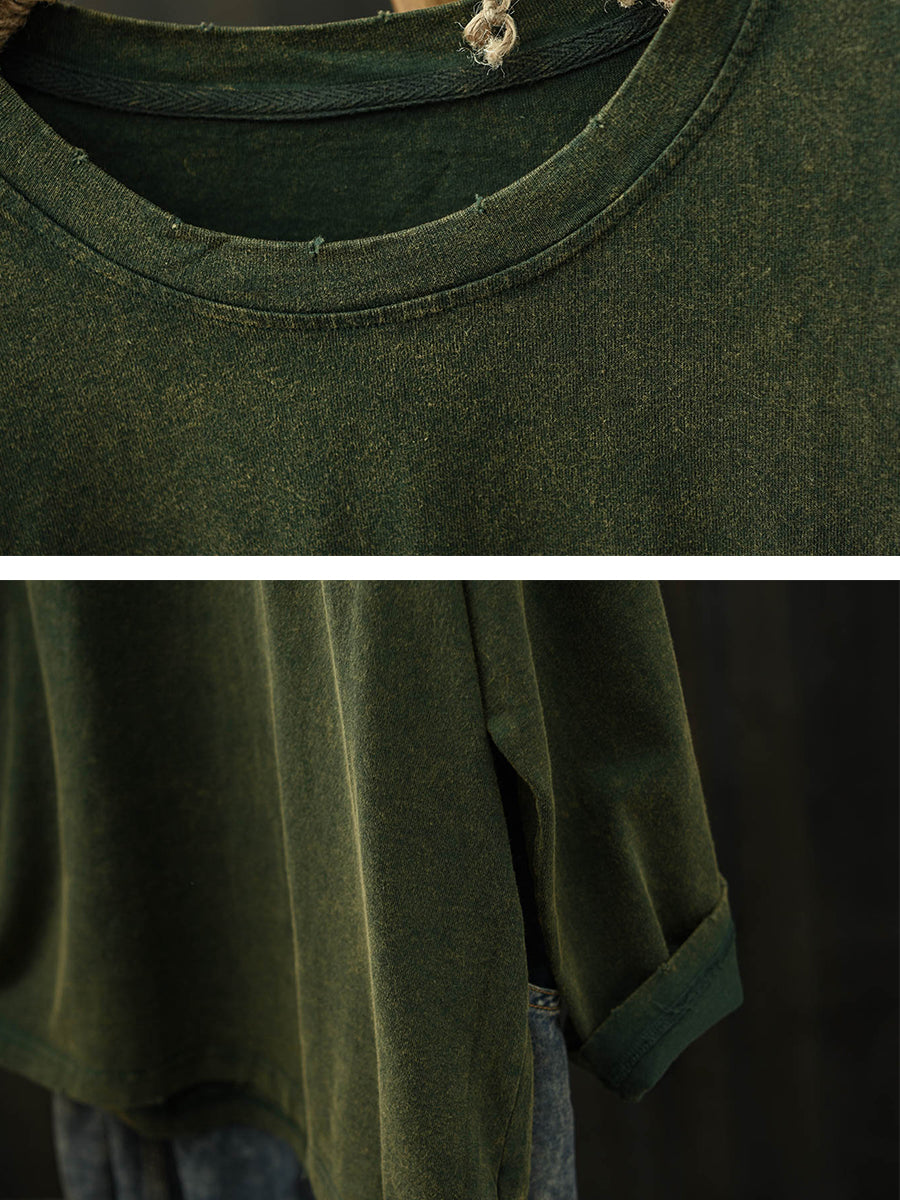 Plus Size Women Fall Distressed Crew Neck Cotton Base Layer T-Shirt