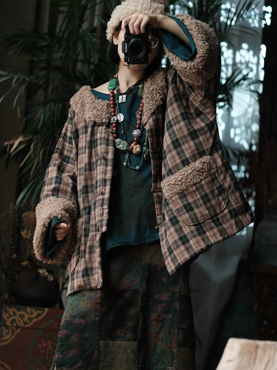 Women Vintage Plaid Sherpa-Trim Cotton Padded Jacket Coat
