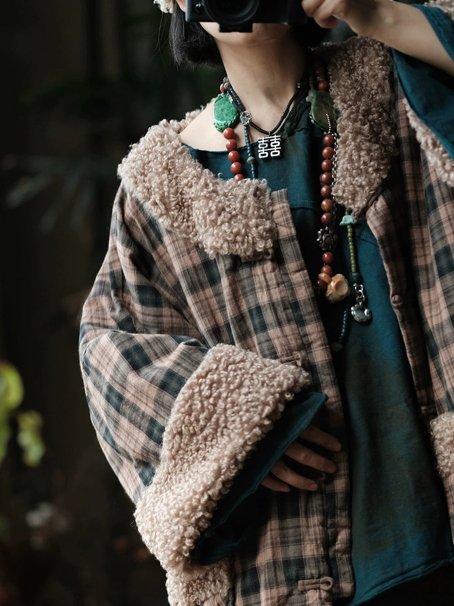 Women Vintage Plaid Sherpa-Trim Cotton Padded Jacket Coat