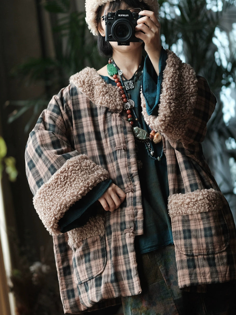Women Vintage Plaid Sherpa-Trim Cotton Padded Jacket Coat