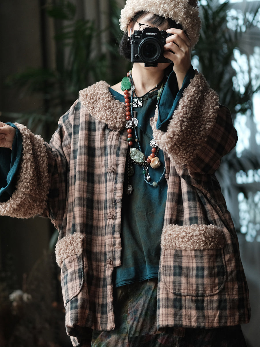 Women Vintage Plaid Sherpa-Trim Cotton Padded Jacket Coat