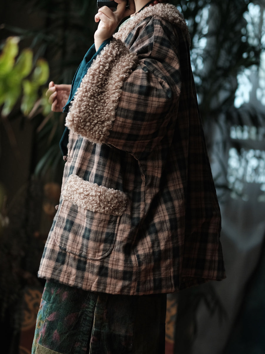 Women Vintage Plaid Sherpa-Trim Cotton Padded Jacket Coat