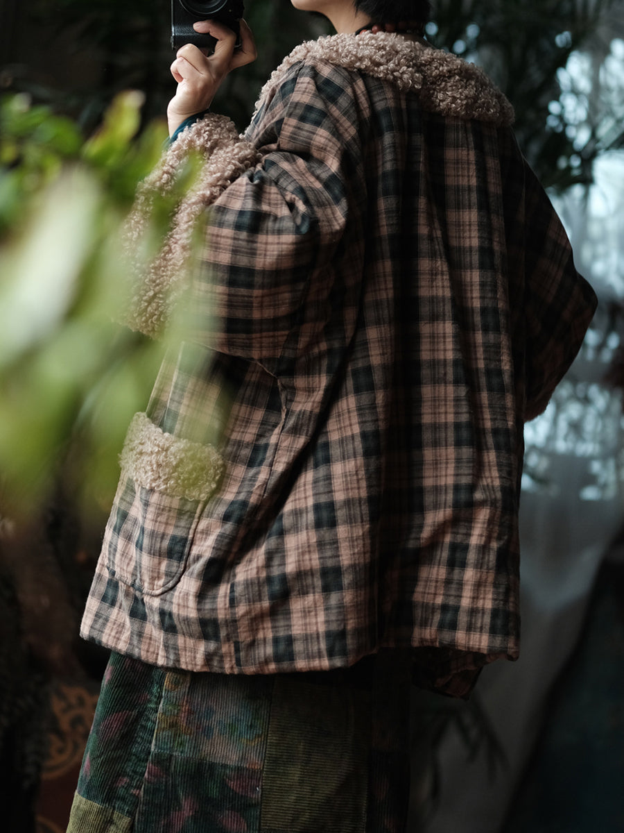 Women Vintage Plaid Sherpa-Trim Cotton Padded Jacket Coat
