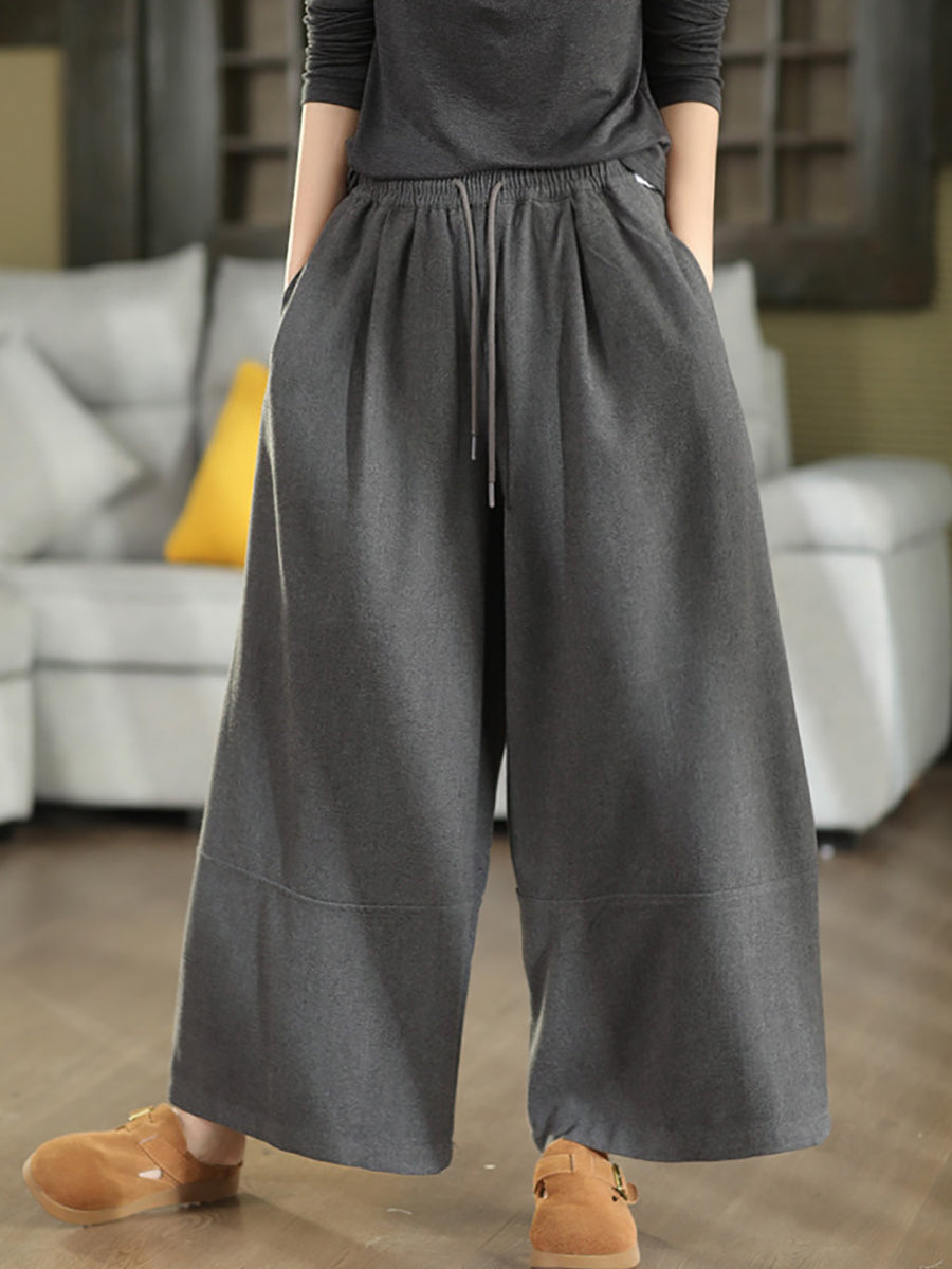 Women Fall Vintage Wool Blend High Waist Casual Wide-Leg Pants