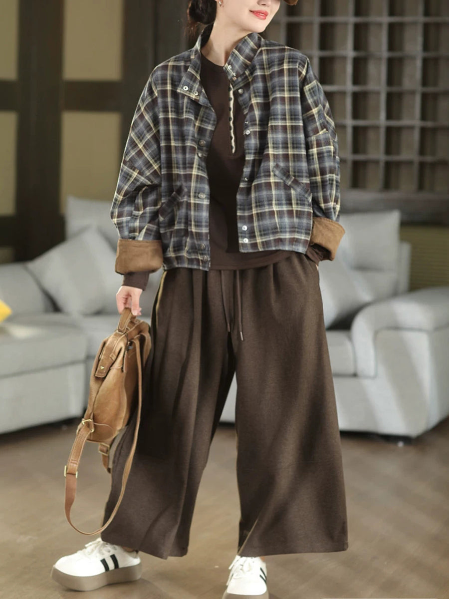 Women Fall Vintage Wool Blend High Waist Casual Wide-Leg Pants