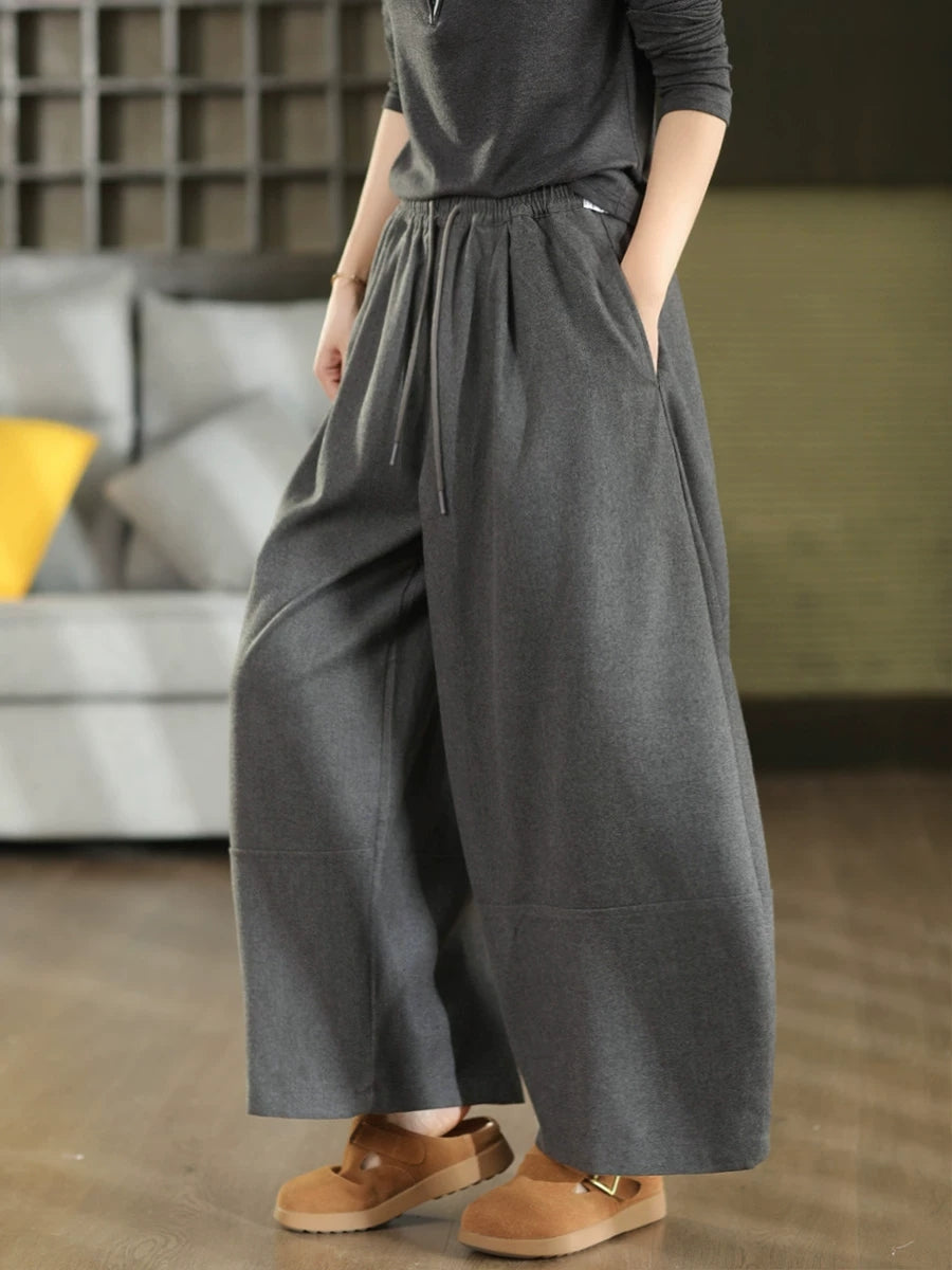 Women Fall Vintage Wool Blend High Waist Casual Wide-Leg Pants