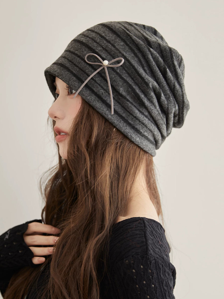 Women Fall Winter Stripe Pearl Bow Slouchy Beanie