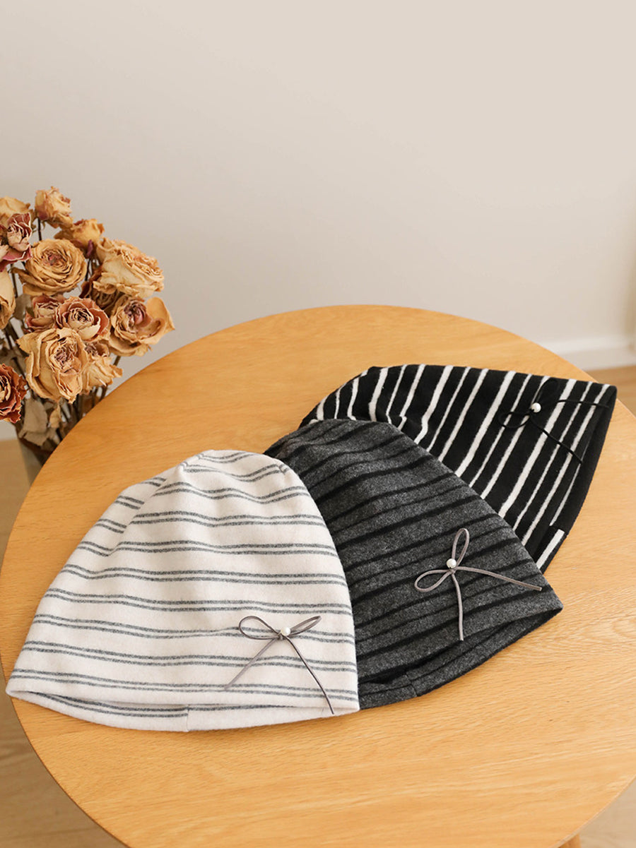 Women Fall Winter Stripe Pearl Bow Slouchy Beanie