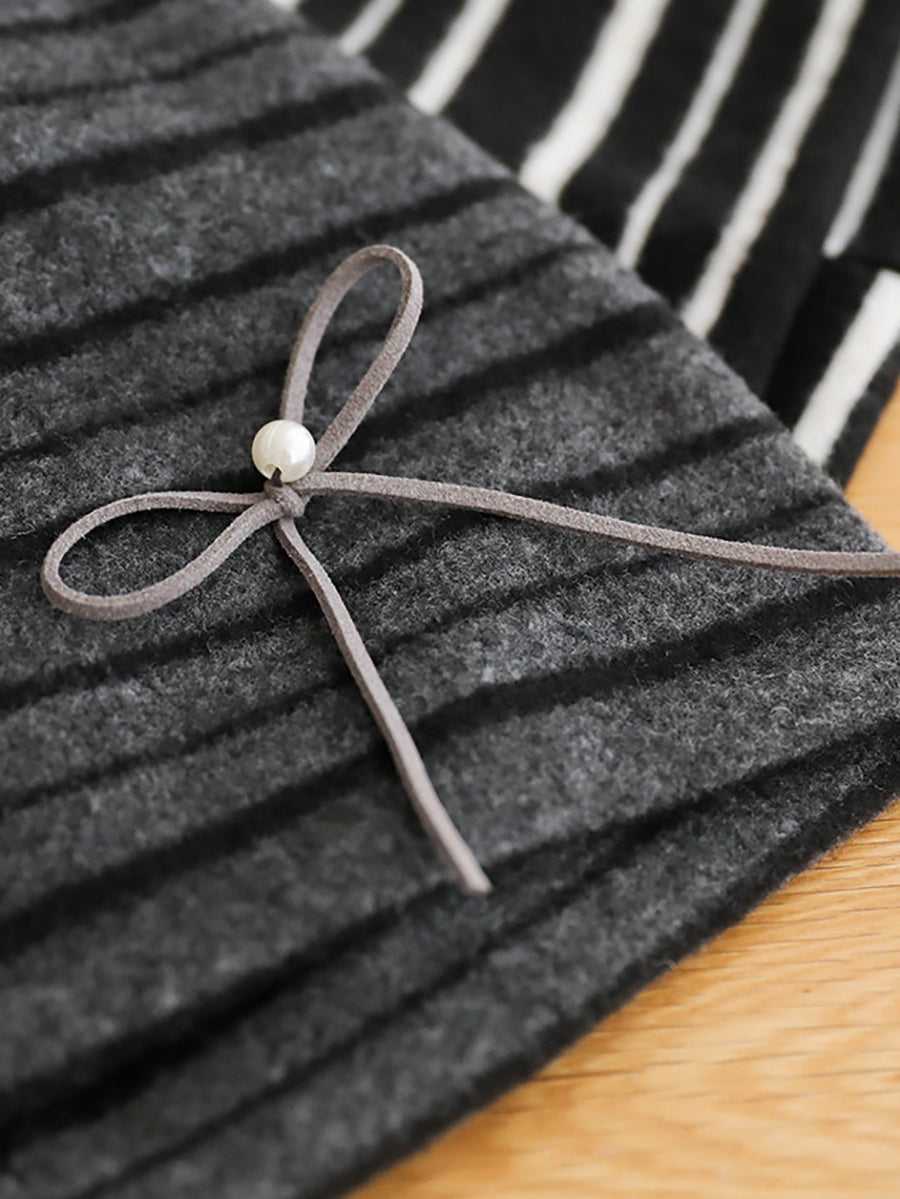 Women Fall Winter Stripe Pearl Bow Slouchy Beanie