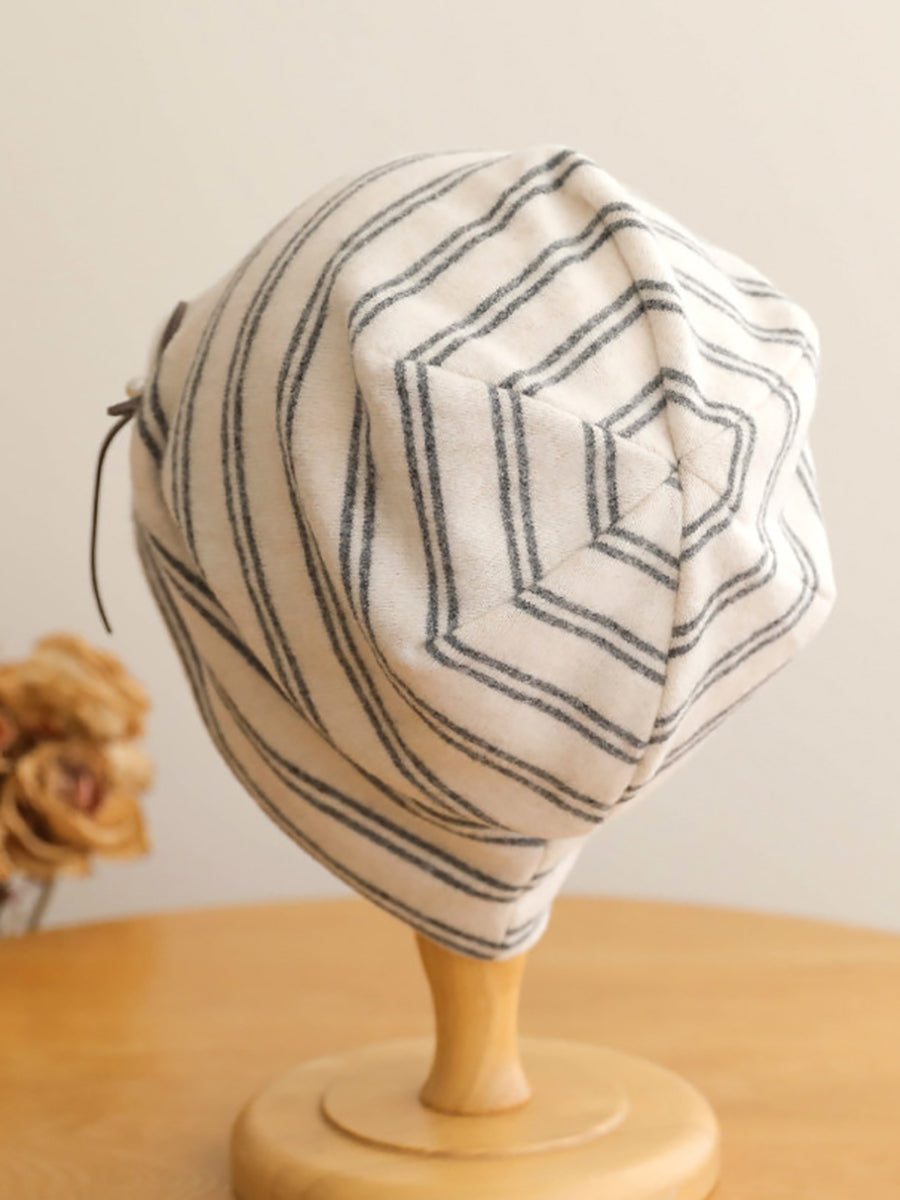 Women Fall Winter Stripe Pearl Bow Slouchy Beanie