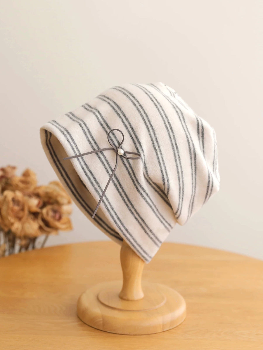 Women Fall Winter Stripe Pearl Bow Slouchy Beanie