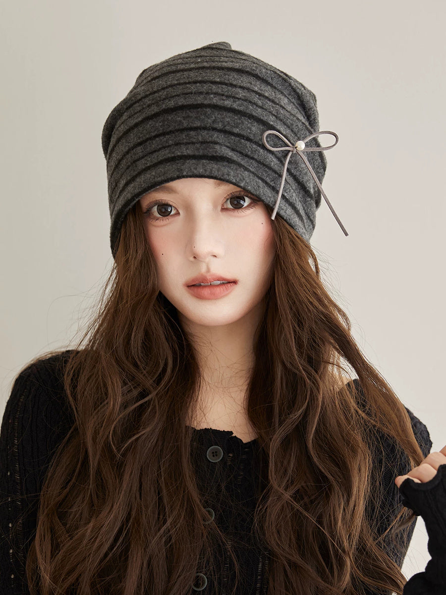 Women Fall Winter Stripe Pearl Bow Slouchy Beanie