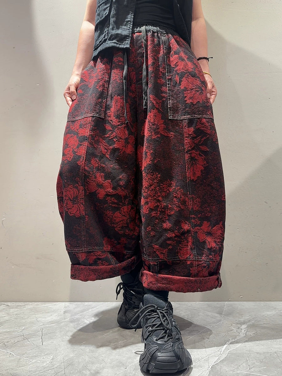 Women Fall Vintage Floral Jacquard Cotton Denim Wide-Leg Pants