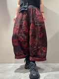 Women Fall Vintage Floral Jacquard Cotton Denim Wide-Leg Pants