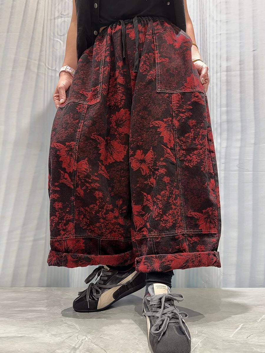 Women Fall Vintage Floral Jacquard Cotton Denim Wide-Leg Pants