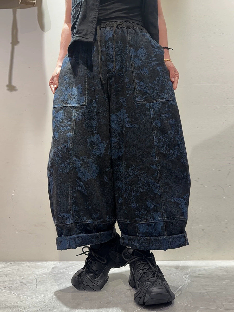 Women Fall Vintage Floral Jacquard Cotton Denim Wide-Leg Pants