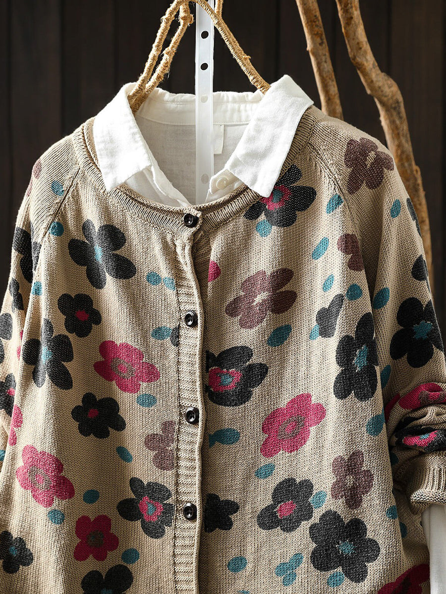 Women Fall Loose Floral Print Cotton Long Sleeve Versatile Knit Cardigan
