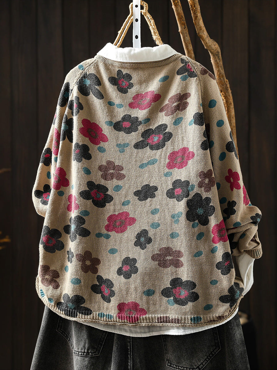 Women Fall Loose Floral Print Cotton Long Sleeve Versatile Knit Cardigan
