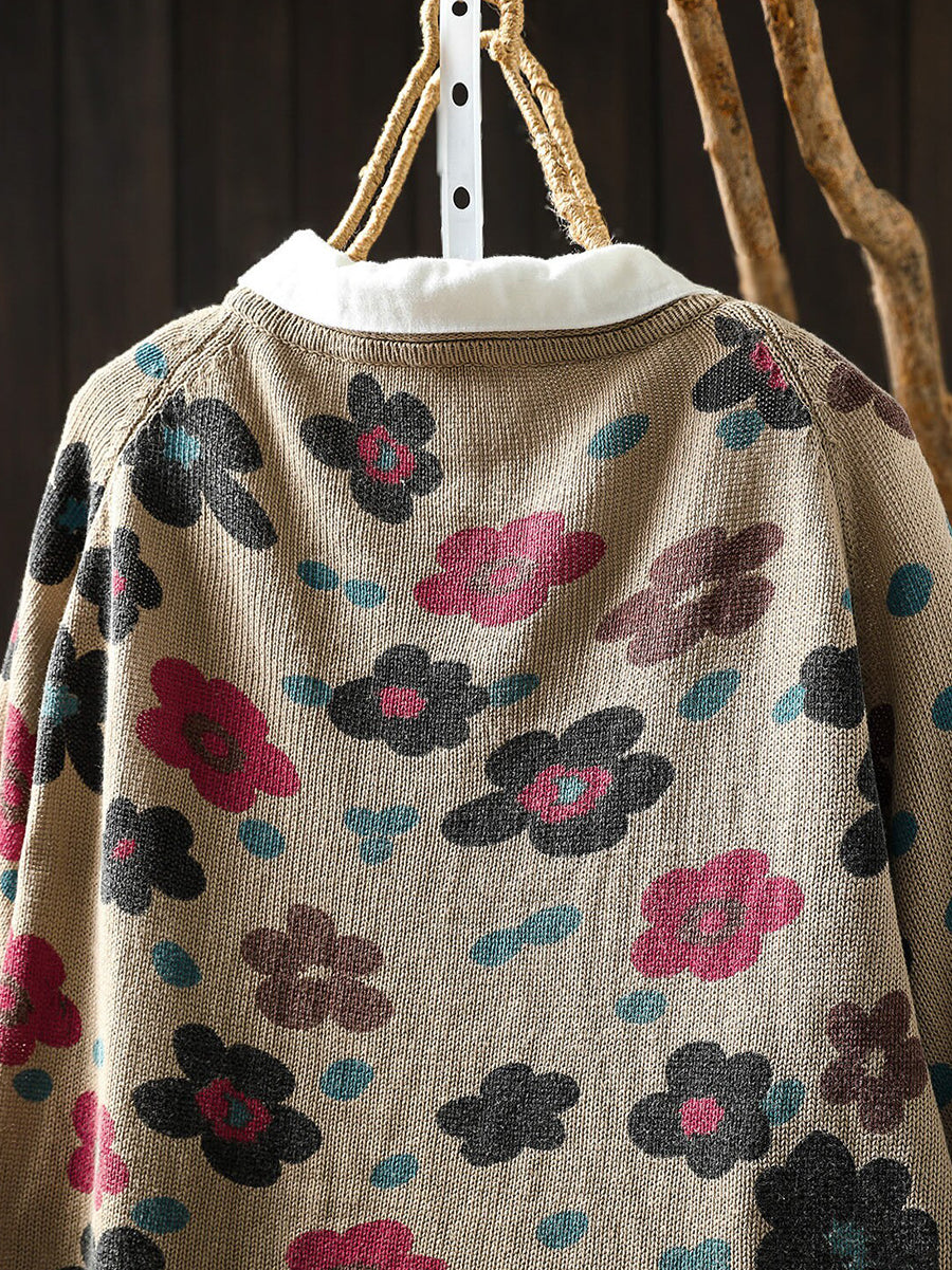 Women Fall Loose Floral Print Cotton Long Sleeve Versatile Knit Cardigan