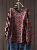 Women Vintage Literary Print Crew Neck Long Sleeve Loose Versatile Sweatshirt
