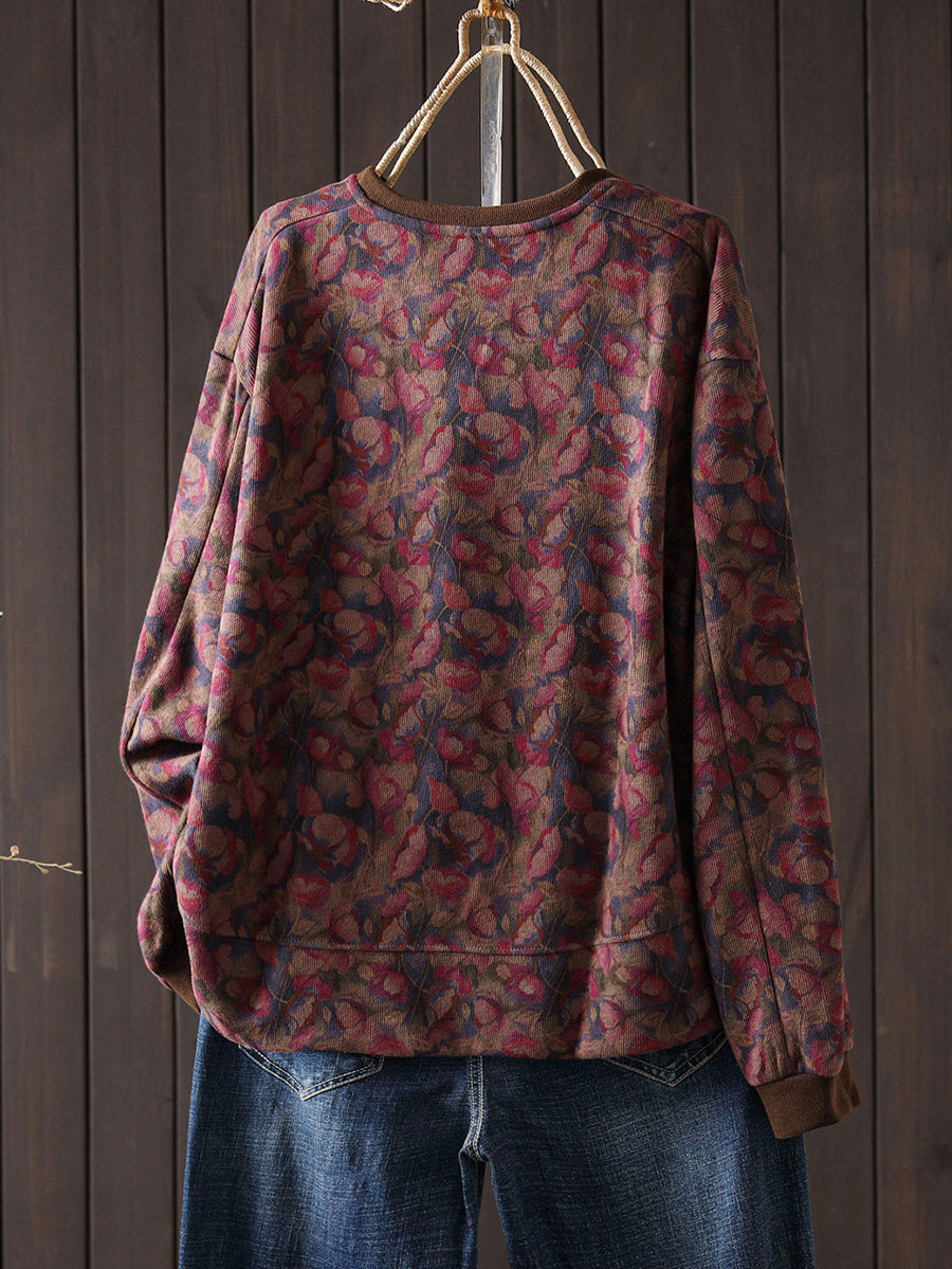 Women Vintage Literary Print Crew Neck Long Sleeve Loose Versatile Sweatshirt