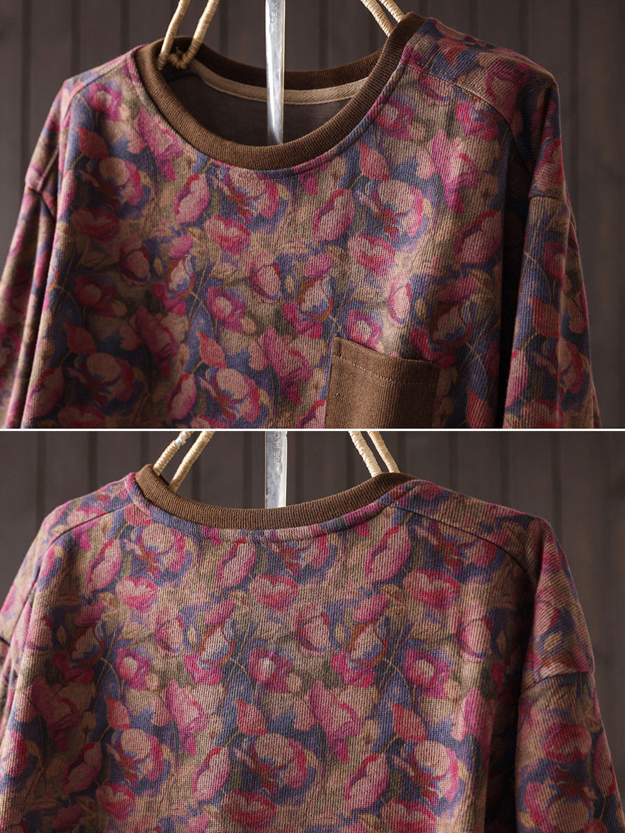 Women Vintage Literary Print Crew Neck Long Sleeve Loose Versatile Sweatshirt