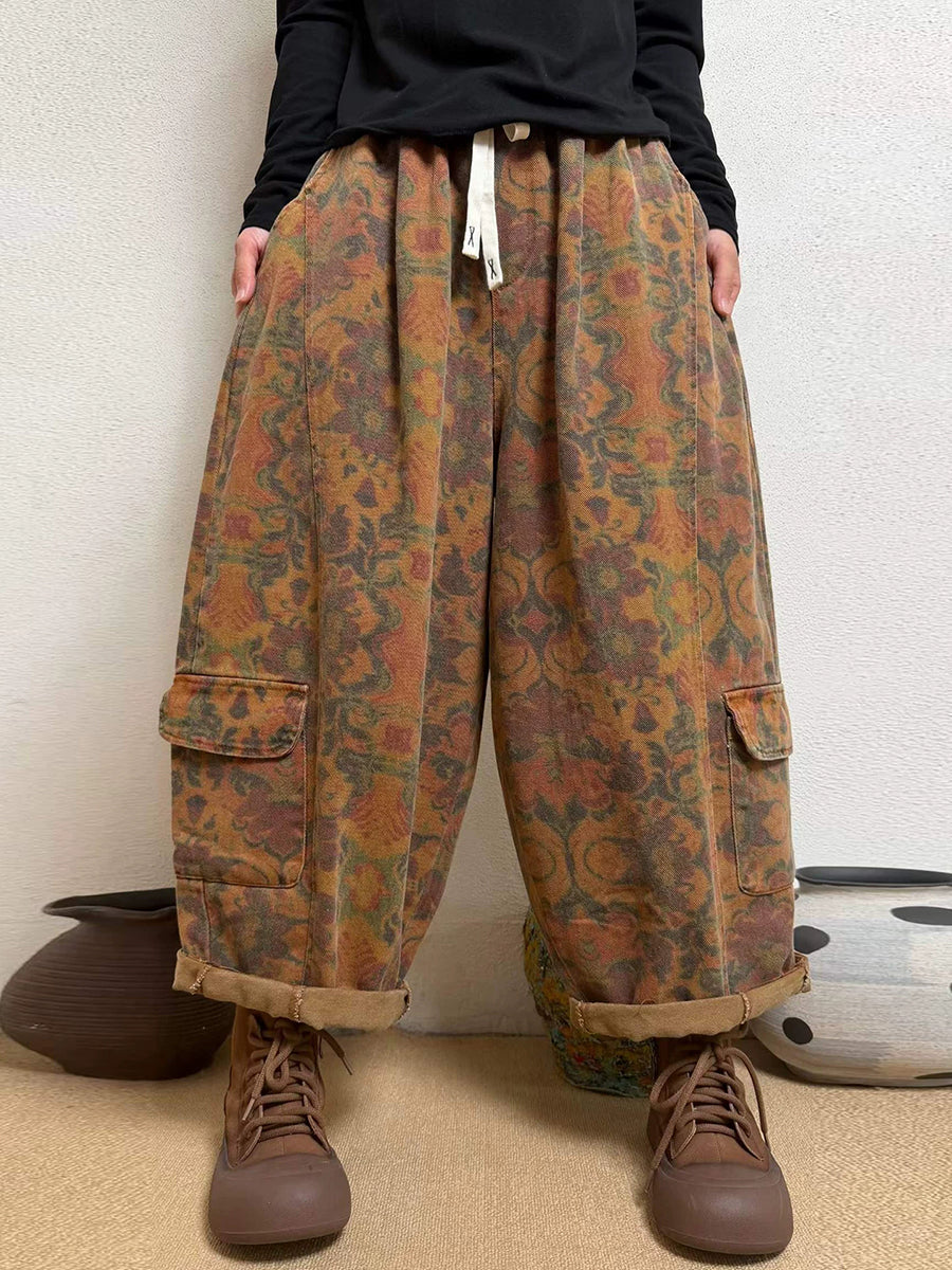 Women Vintage Distressed Printed Cropped Denim Harem Pants