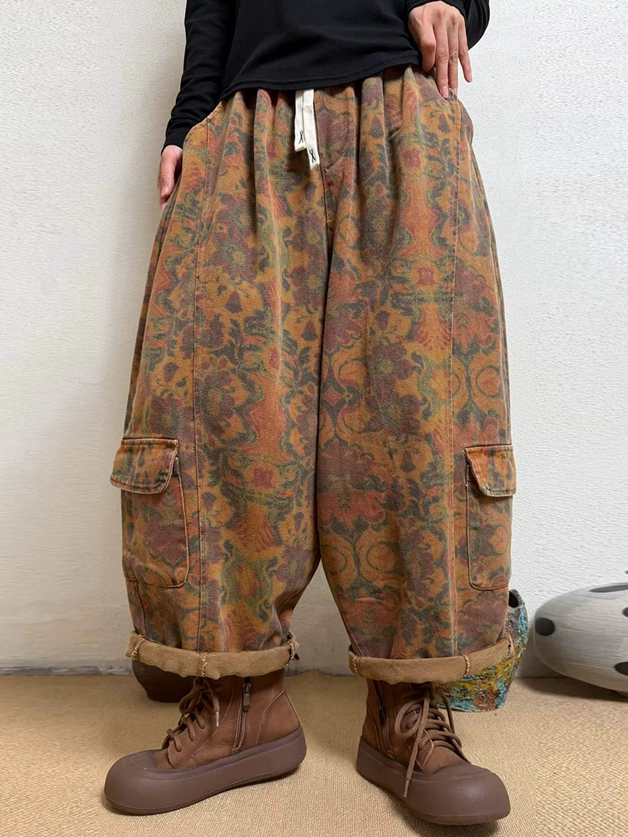 Women Vintage Distressed Printed Cropped Denim Harem Pants