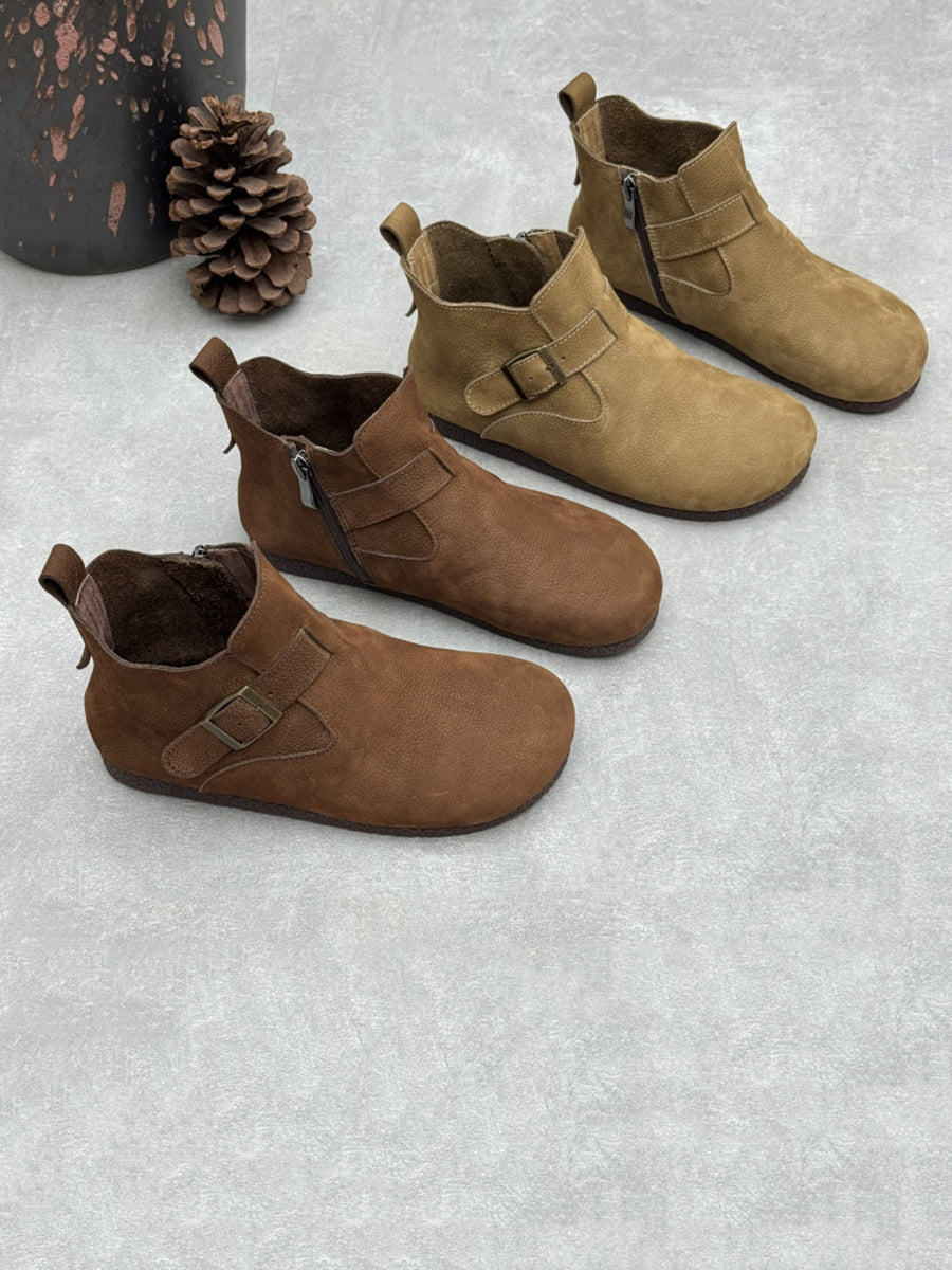 Women Genuine Leather Autumn Round Toe Side Zipper Flat Casual Boots