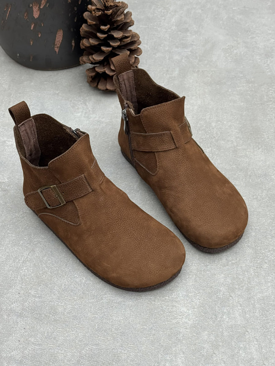 Women Genuine Leather Autumn Round Toe Side Zipper Flat Casual Boots