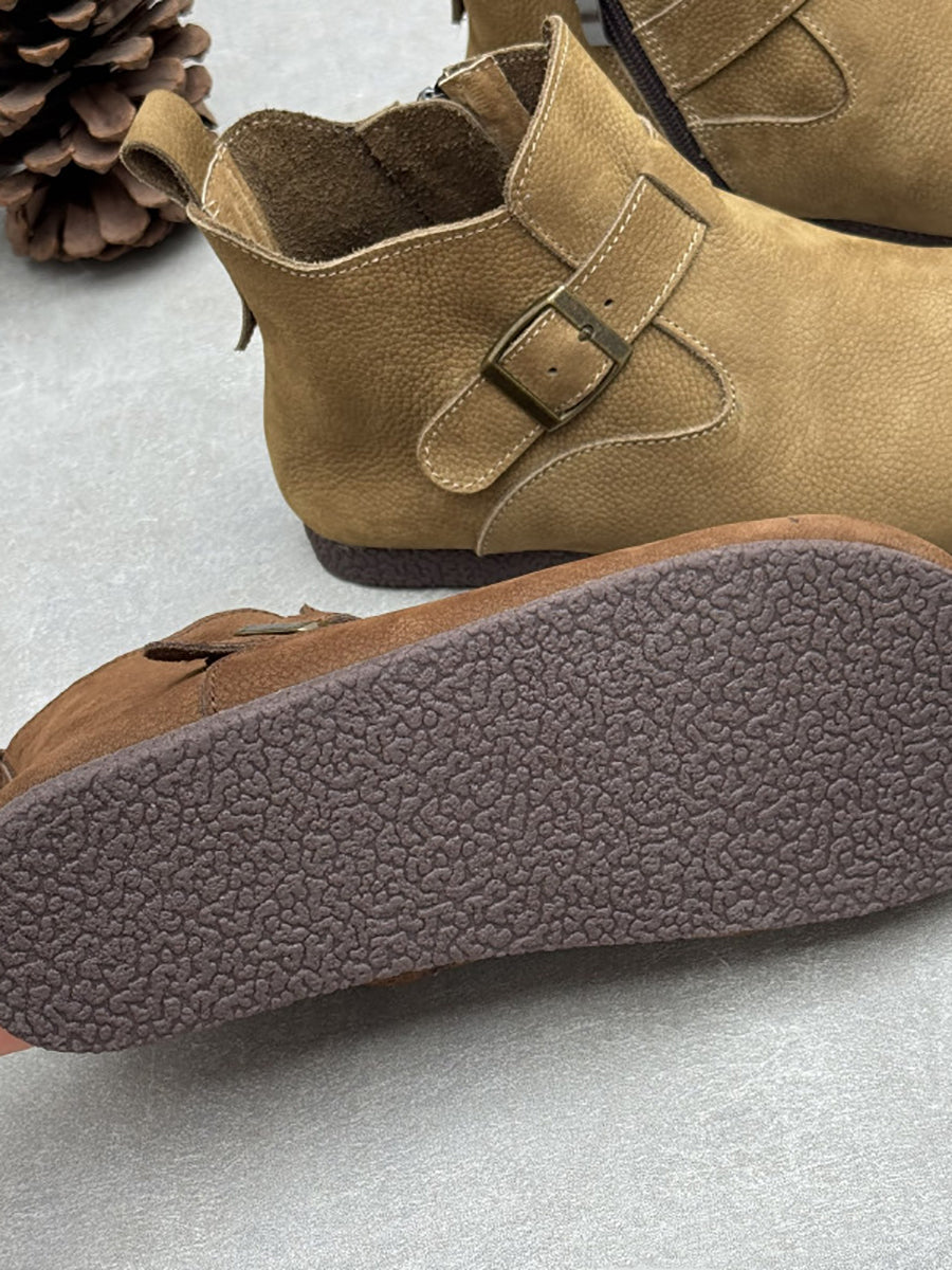 Women Genuine Leather Autumn Round Toe Side Zipper Flat Casual Boots