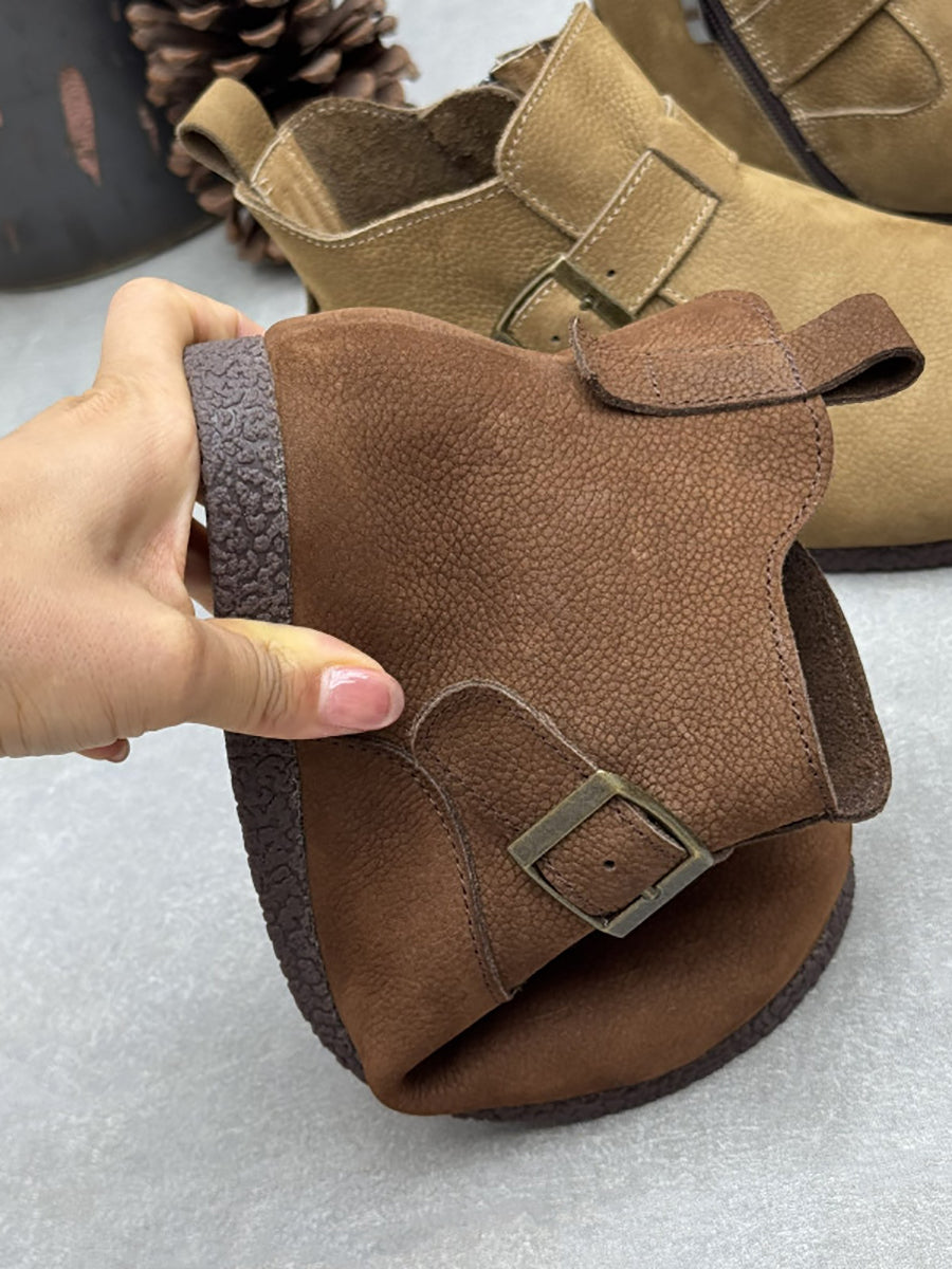 Women Genuine Leather Autumn Round Toe Side Zipper Flat Casual Boots