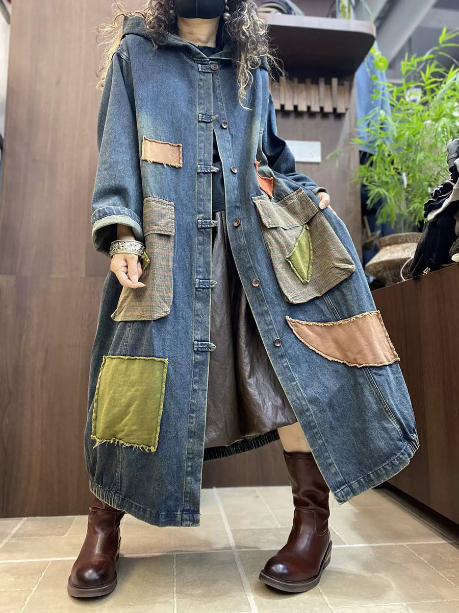 Women Autumn Vintage Patchwork Hooded Denim Mid-Long Coat