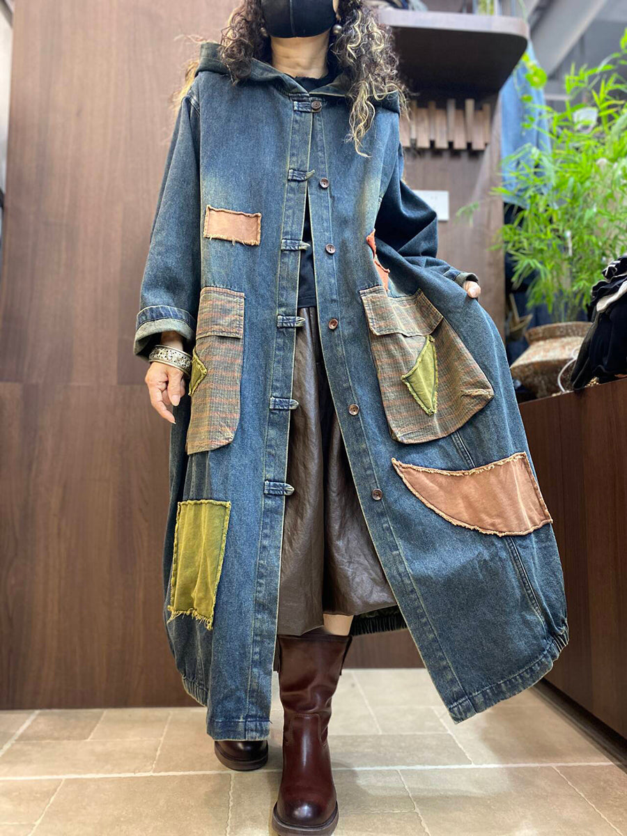 Women Autumn Vintage Patchwork Hooded Denim Mid-Long Coat