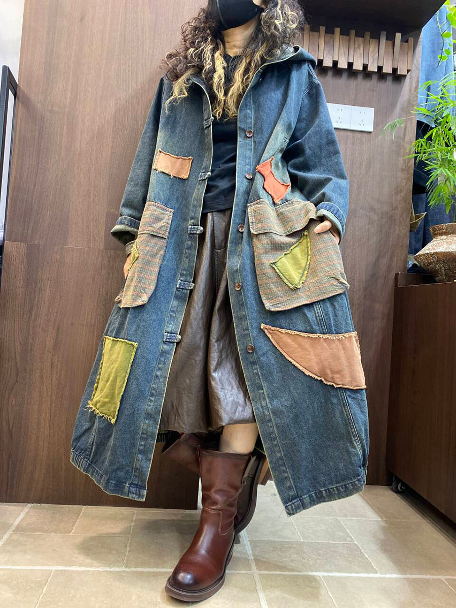 Women Autumn Vintage Patchwork Hooded Denim Mid-Long Coat