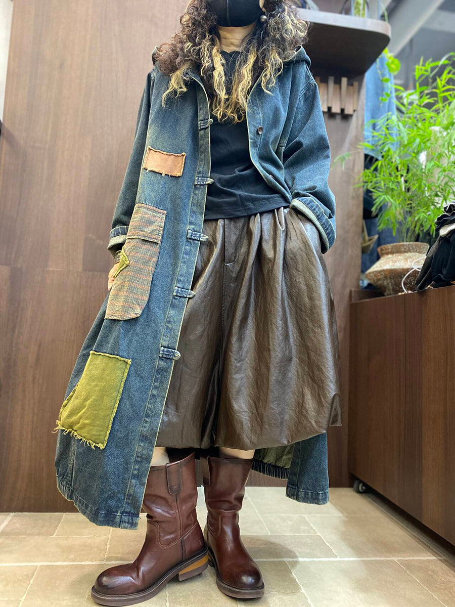 Women Autumn Vintage Patchwork Hooded Denim Mid-Long Coat
