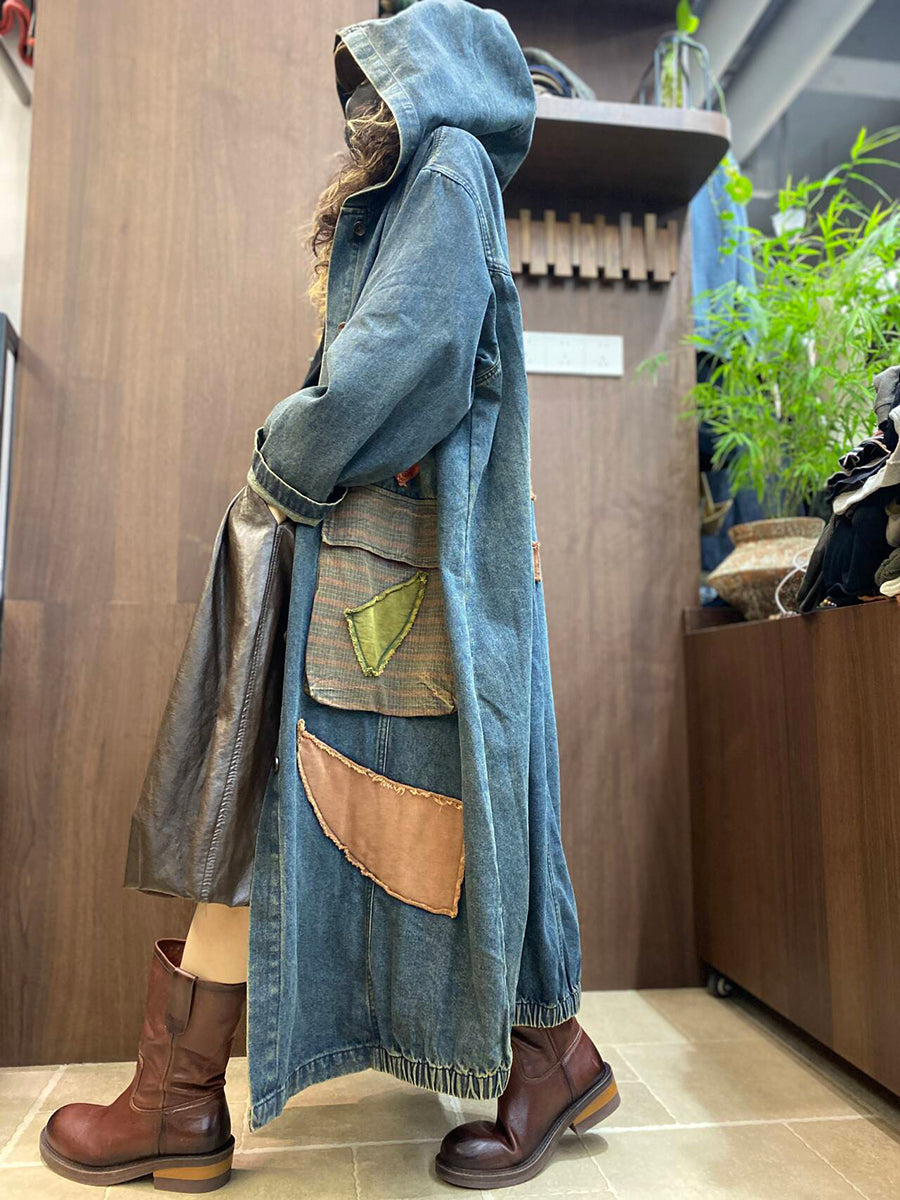 Women Autumn Vintage Patchwork Hooded Denim Mid-Long Coat