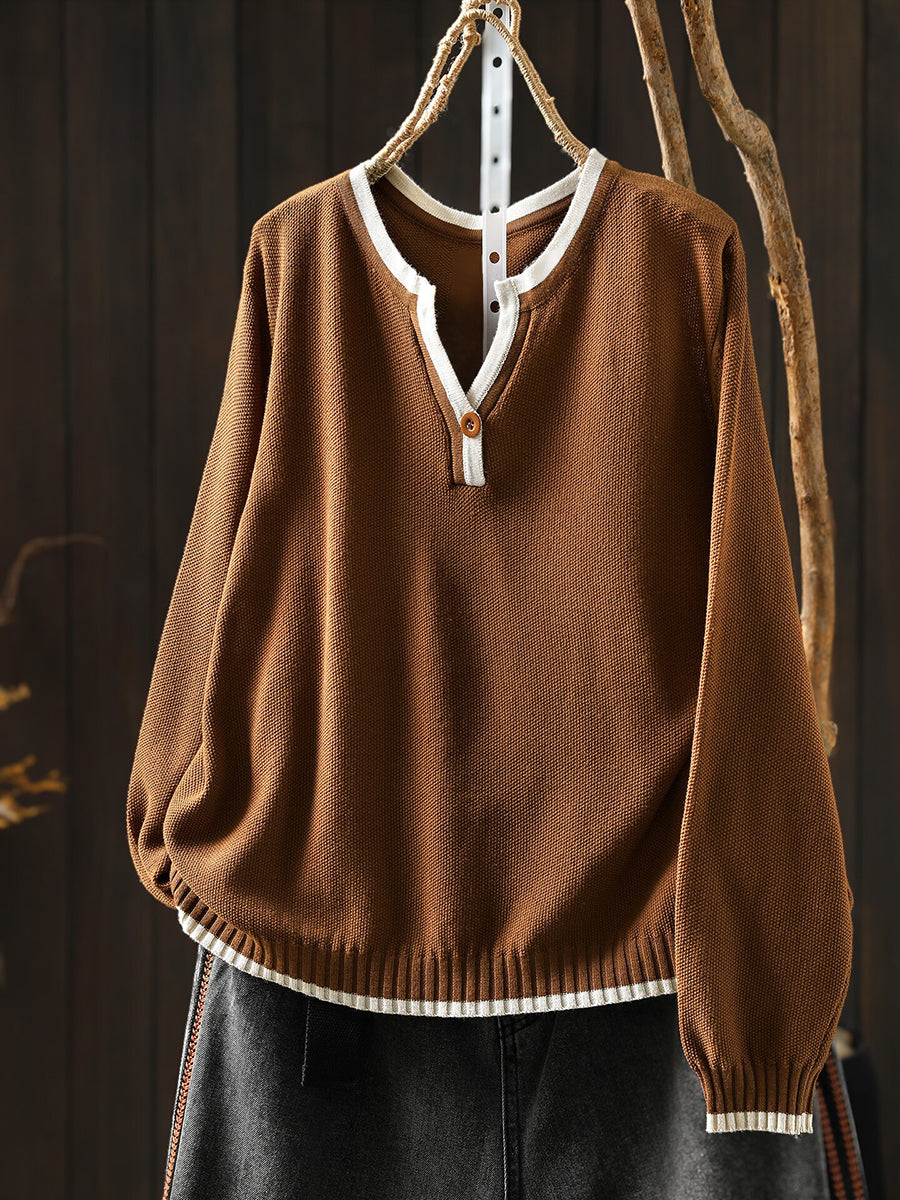 Women Fall Casual Color-Block V-neck Long Sleeve Knit Top