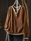 Women Fall Casual Color-Block V-neck Long Sleeve Knit Top