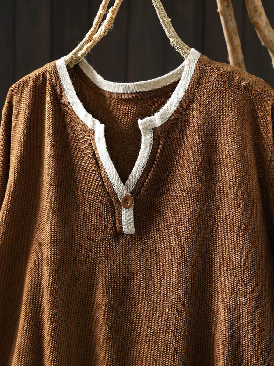 Women Fall Casual Color-Block V-neck Long Sleeve Knit Top