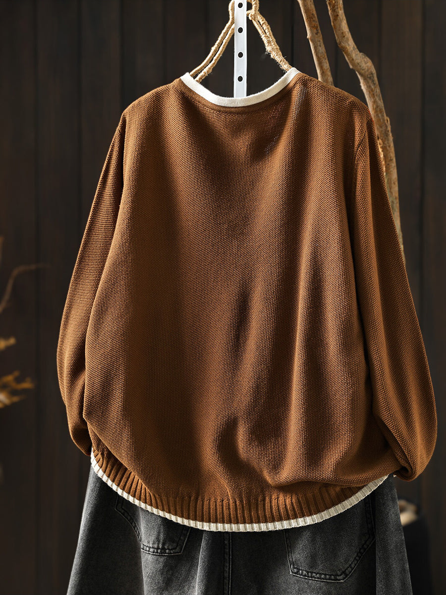 Women Fall Casual Color-Block V-neck Long Sleeve Knit Top