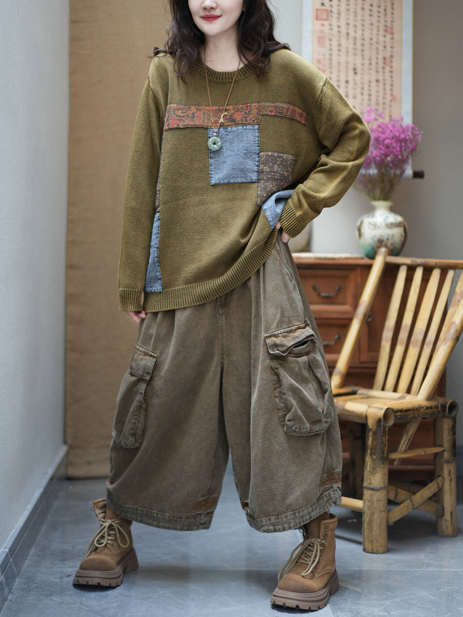 Women Casual Color Block Patchwork Crew Neck Knit Pullover Sweater