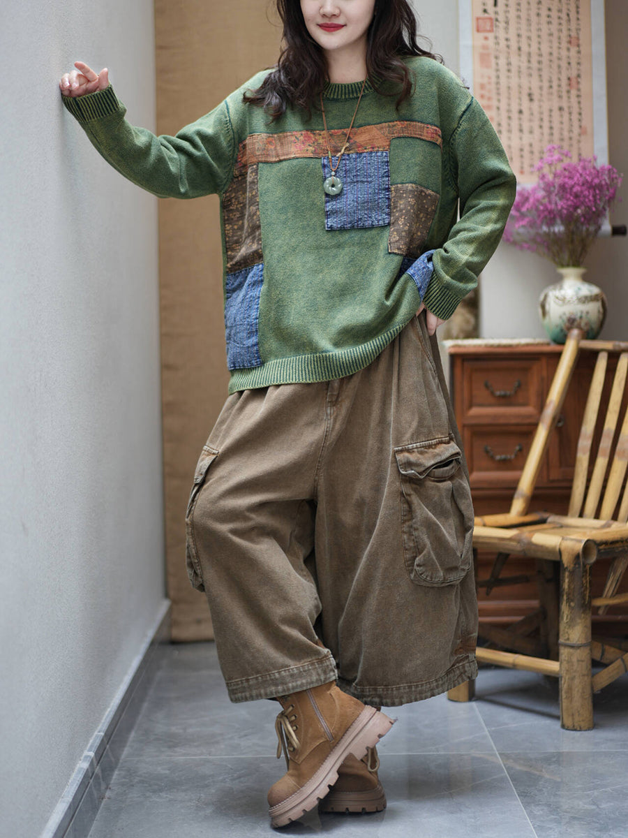 Women Casual Color Block Patchwork Crew Neck Knit Pullover Sweater