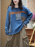 Women Casual Color Block Patchwork Crew Neck Knit Pullover Sweater