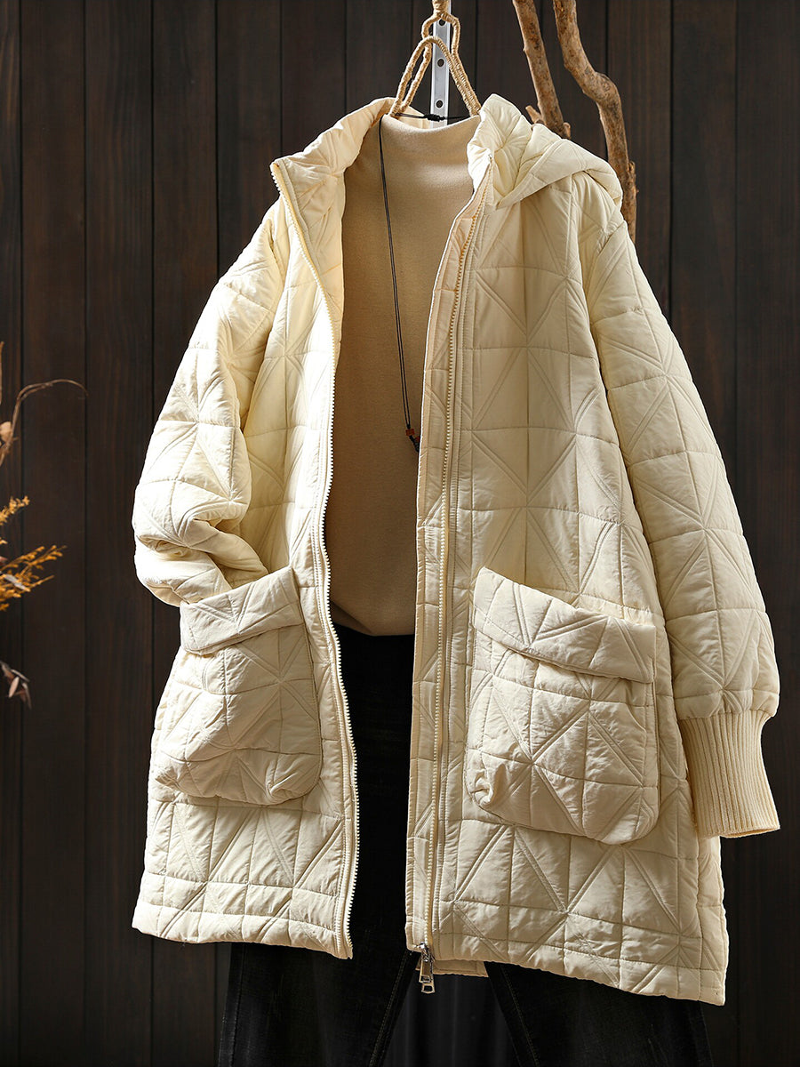 Women Casual Quilted Stand Collar Mid-Long Lightweight Hooded Padded Jacket Coat