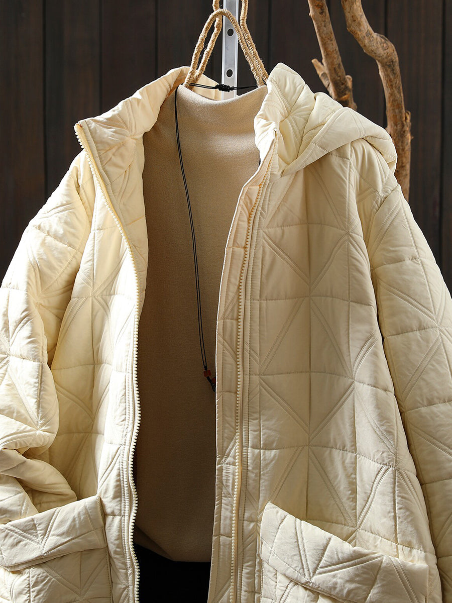 Women Casual Quilted Stand Collar Mid-Long Lightweight Hooded Padded Jacket Coat