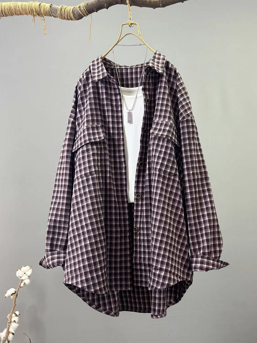 Women Vintage Brushed Oversize Plaid Mid-Long Shirt Jacket