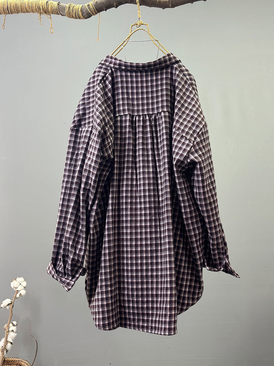 Women Vintage Brushed Oversize Plaid Mid-Long Shirt Jacket