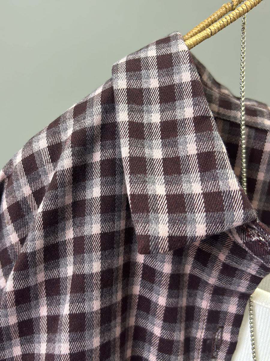 Women Vintage Brushed Oversize Plaid Mid-Long Shirt Jacket