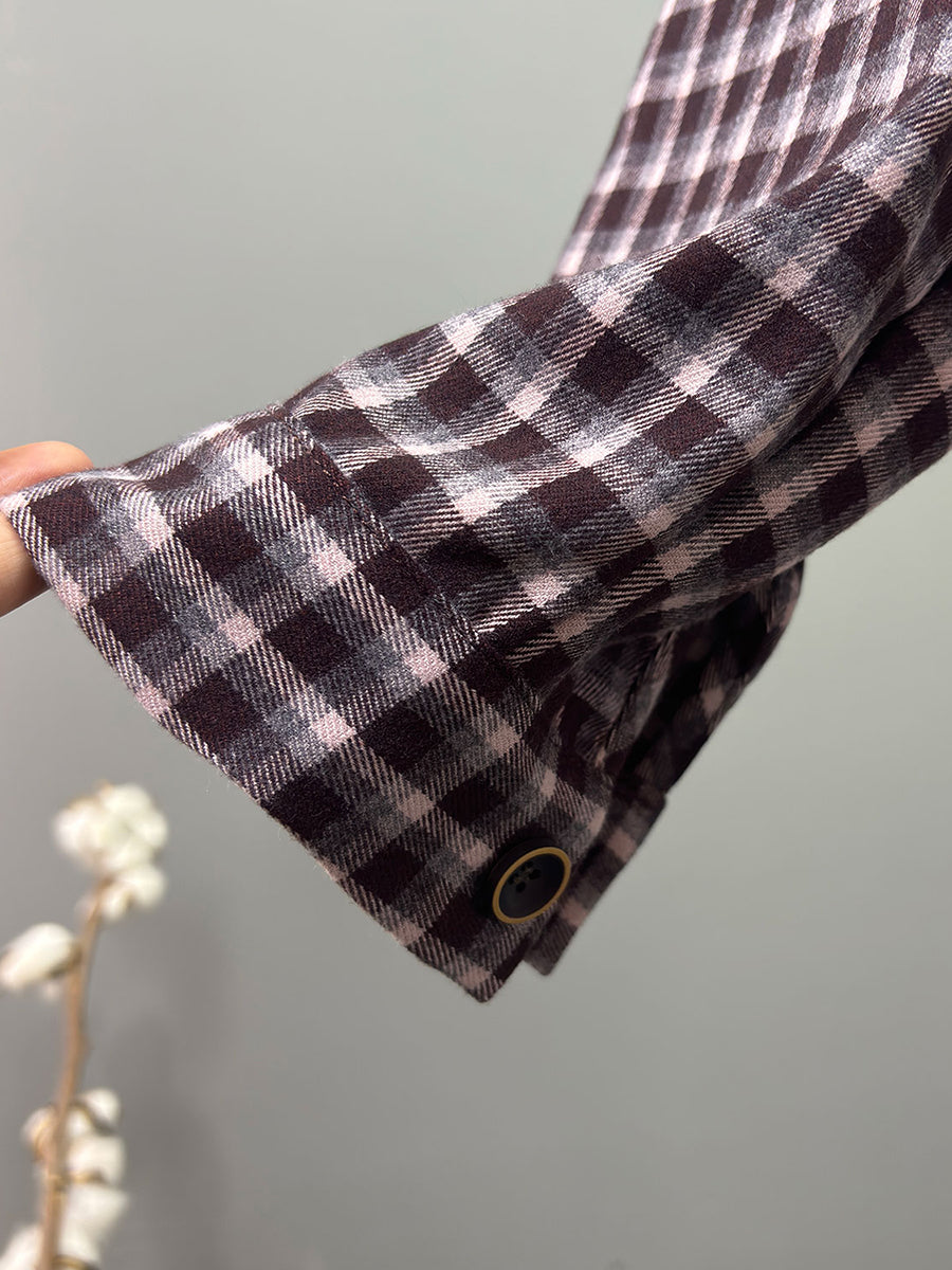 Women Vintage Brushed Oversize Plaid Mid-Long Shirt Jacket